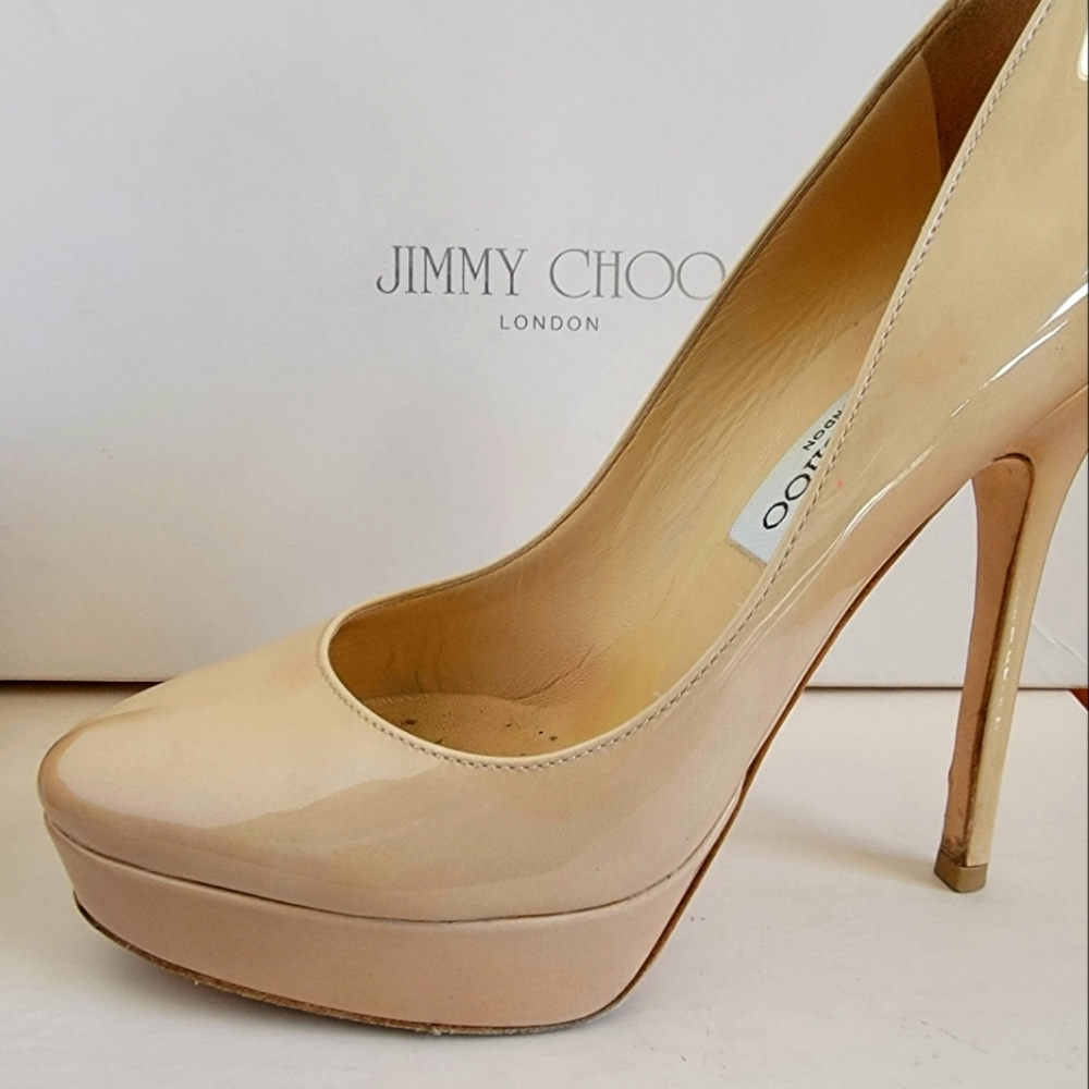Jimmy Choo patent leather platform 5" heels in nude color, size 5.5/35.5